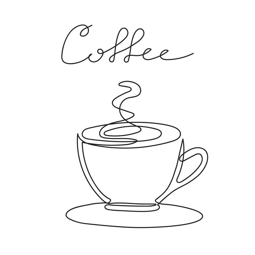 dibujo continuo de una línea de taza de café con vapor y letras dibujadas a mano. estilo lineal. ilustración vectorial aislado sobre fondo blanco vector