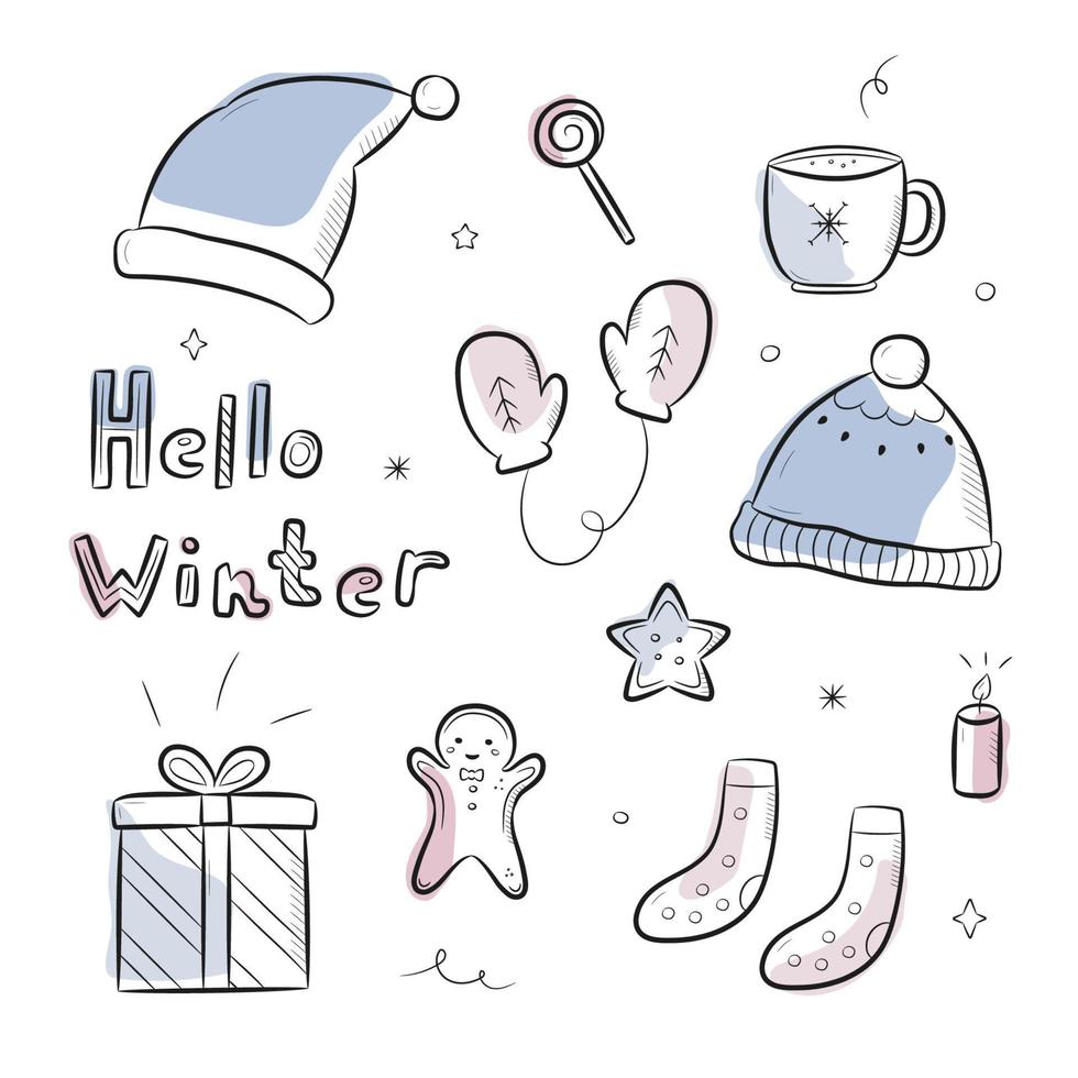Hand drawn winter doodles and lettering with abstract shapes. Cute icons set isolated on white background. Vector illustration.