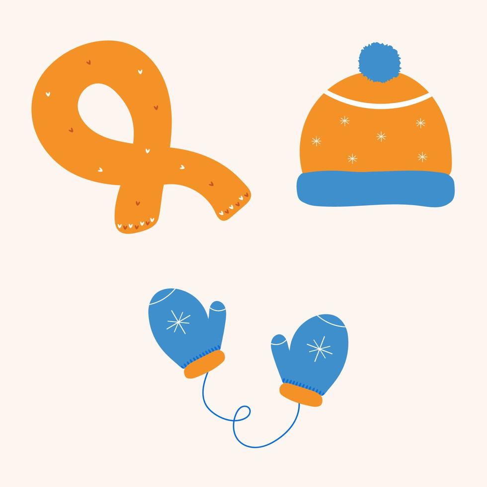 Hat with a pom pom, scarf and mittens. Winter accessory. Warm clothes flat icon. Vector illustration isolated on white background