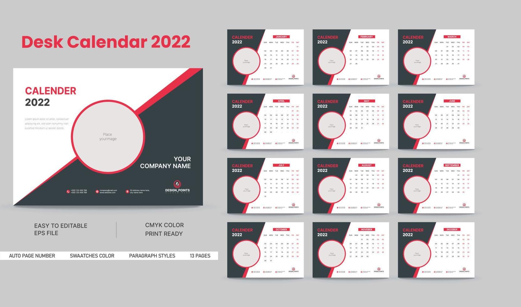 nueva plantilla de calendario de escritorio 2022 vector