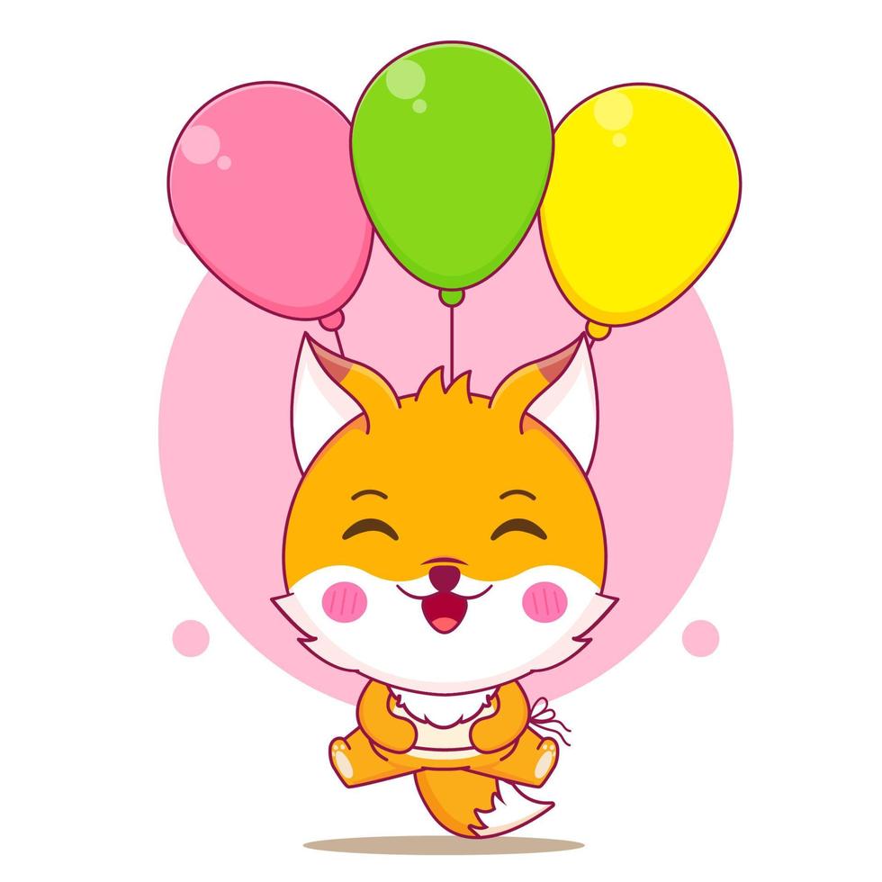cute fox cartoon character floating with balloons vector