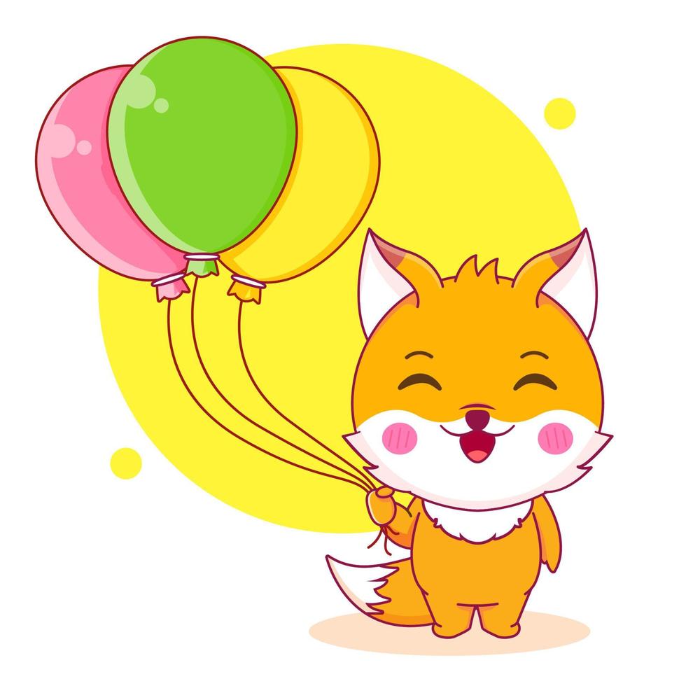 cute fox cartoon character holding balloons vector