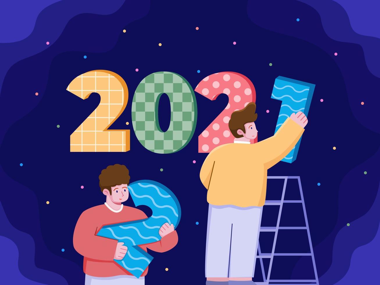 Ilustración las personas cambian el año del calendario 2021 al 2022. bienvenido 2022 y adiós 2021. ilustración de dibujos animados de diseño de concepto de año nuevo. se puede utilizar para tarjetas de felicitación, postales, pancartas, web, impresión vector