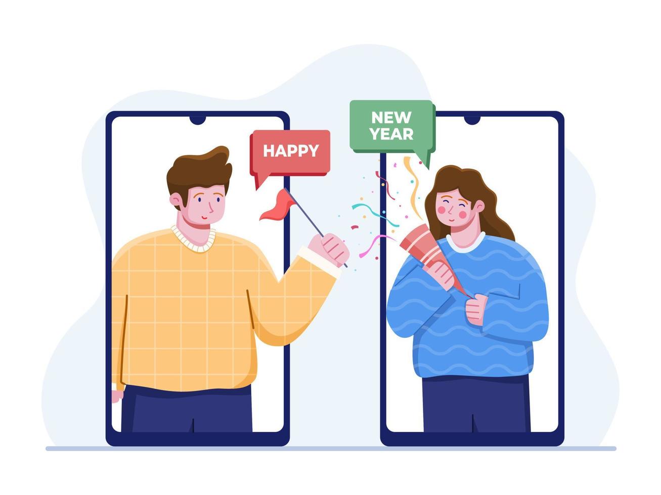 Person celebrating the new year with online video call. New year Party online, video call. Celebrating New year while Covid 19 Coronavirus pandemic. happy friends on video chat. vector