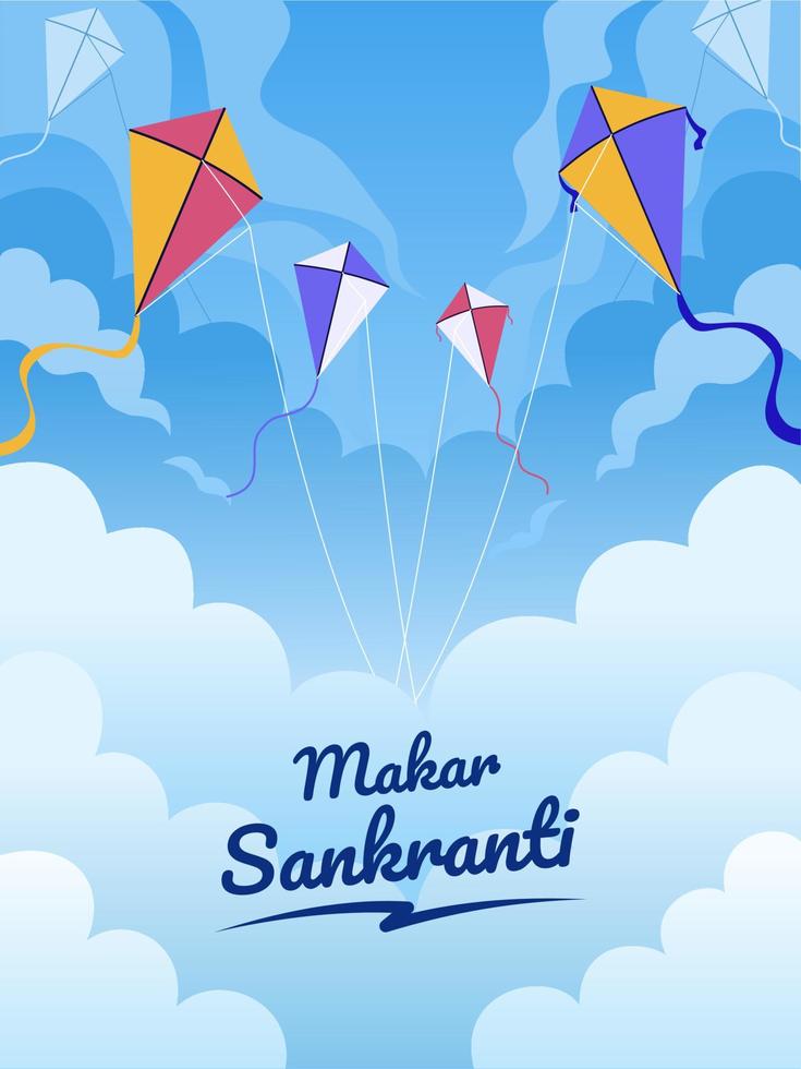 Ilustración del diseño del festival makar sankranti con cometa voladora en el cielo y la nube. dibujos animados de ilustración de festival de makar sankranti moderno.Puede utilizar para tarjetas de felicitación, carteles, postales, invitaciones, web. vector