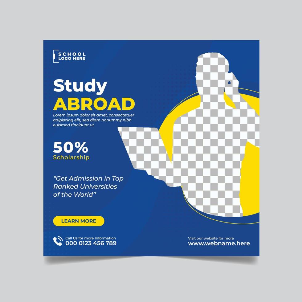 Study abroad social media post, education web banner square flyer template vector