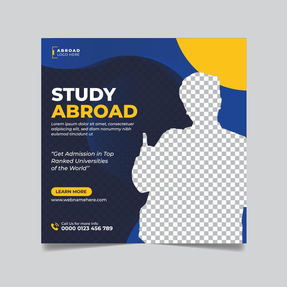 Study abroad social media post, education web banner square flyer template vector