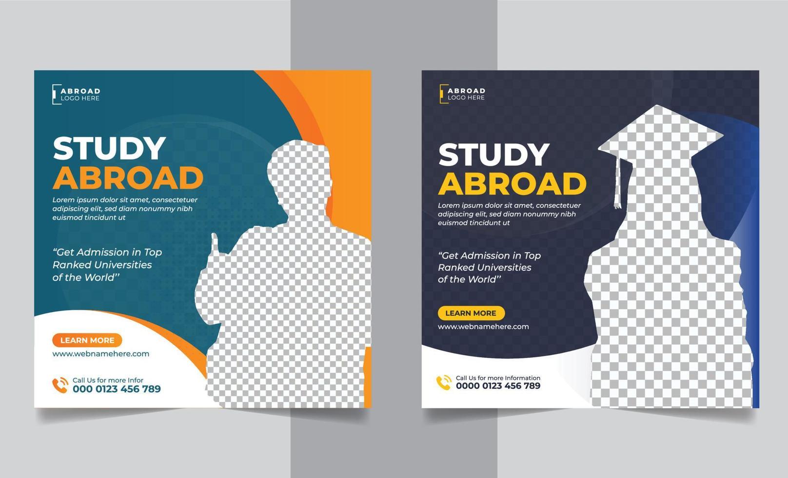 Study abroad social media post, education web banner square flyer template vector