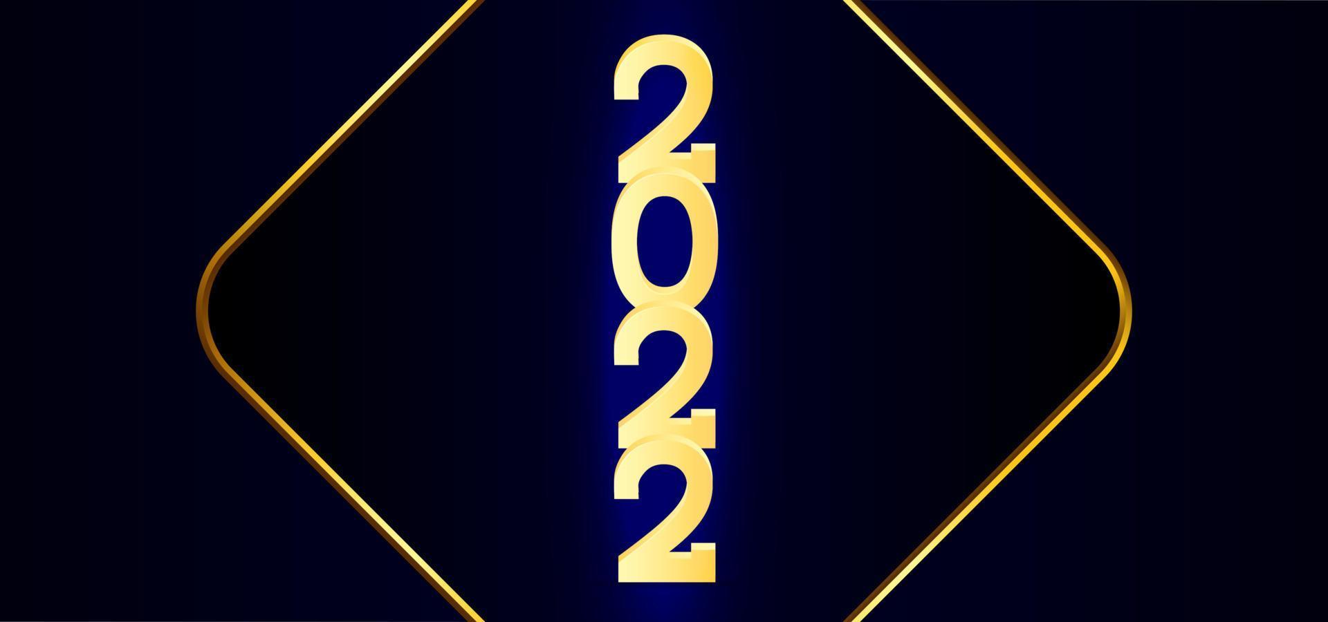 Happy New Year 2022 with gold on blue background and gold frame. Modern blue neon effect vector
