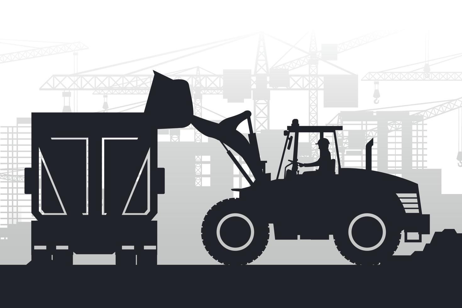 Silhouettes of heavy machinery with the operator driving a front loader and filling a truck with materials over a city under construction vector