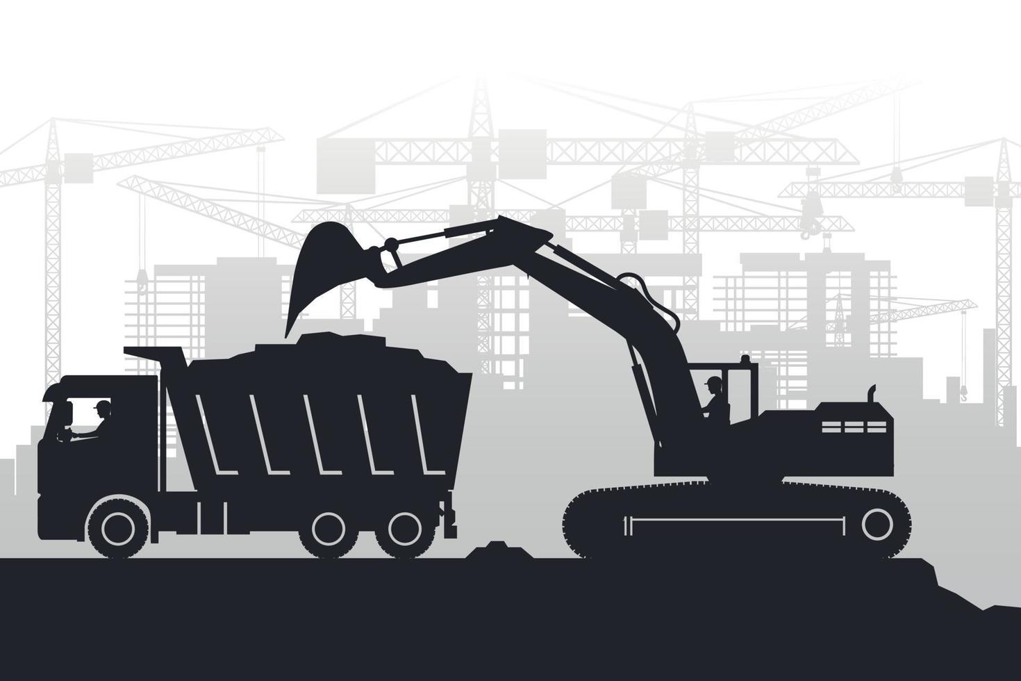 Background of buildings under construction with silhouettes of operators working with heavy machinery of excavators and trucks vector