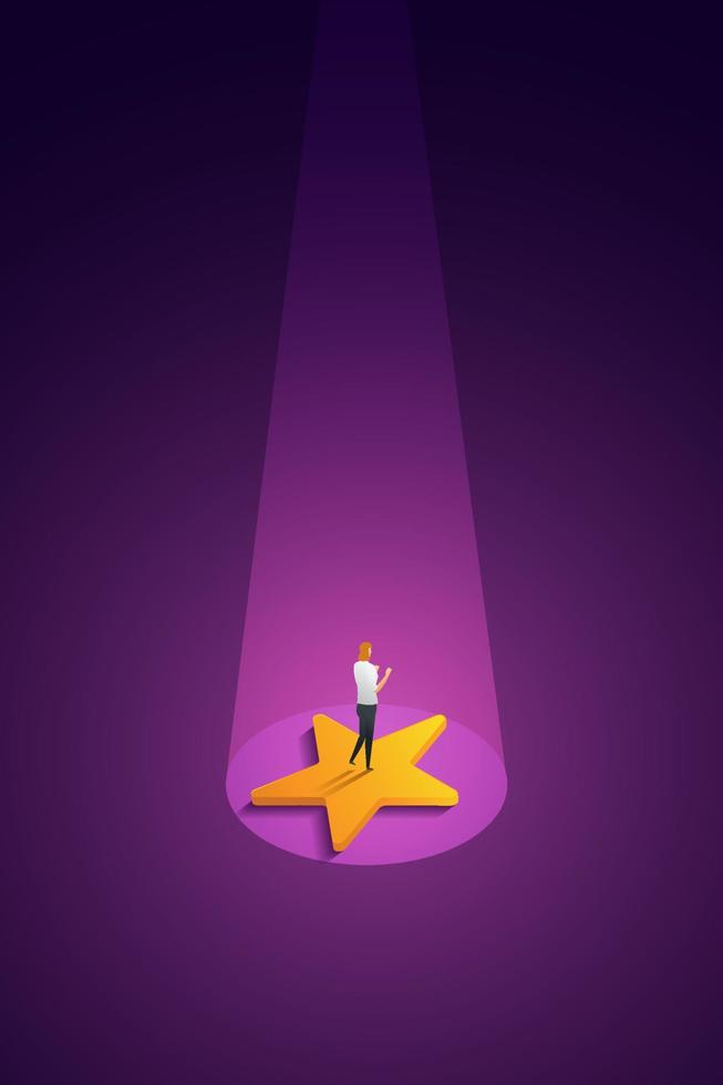 Businesswoman stands on a huge star with spotlights shining down on it. vector