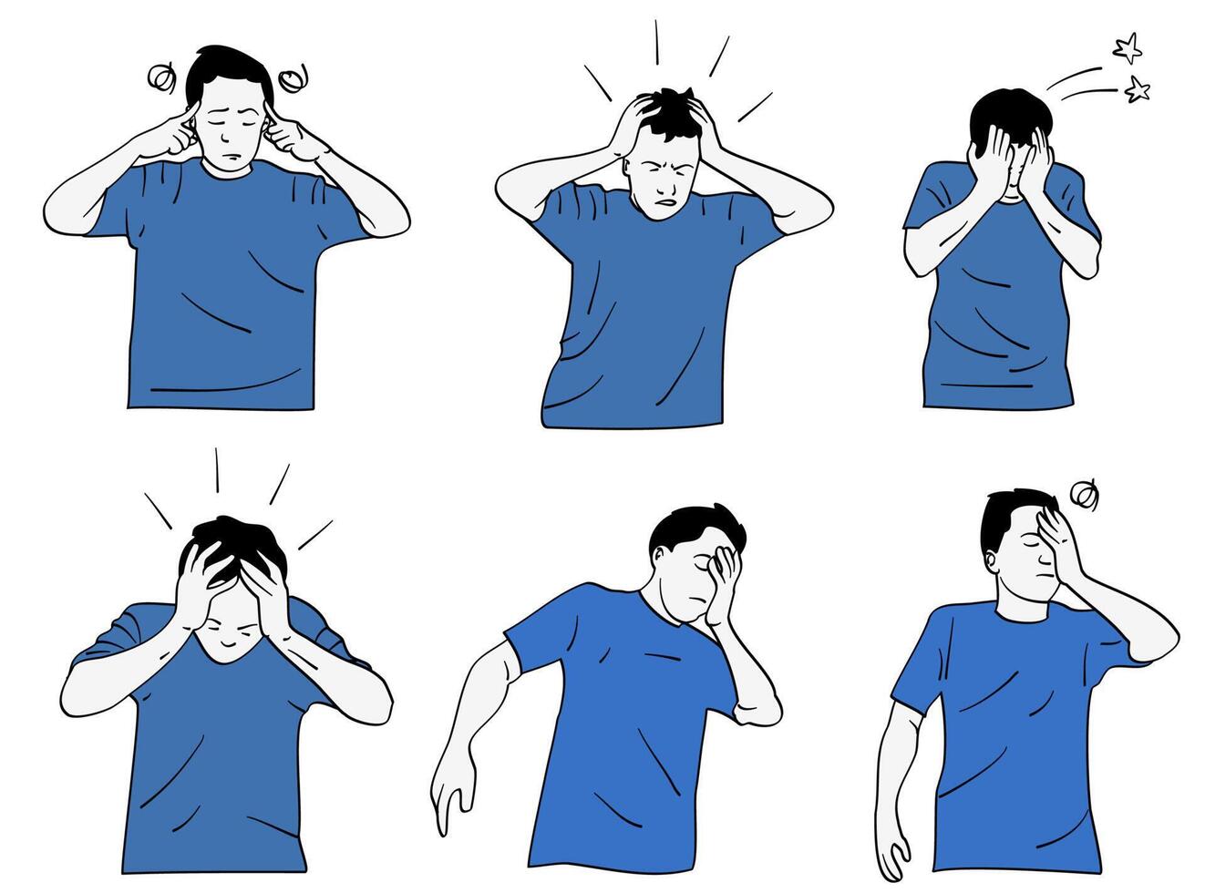 Set A man who has a headache and holds his head. Hand drawn style vector design illustrations