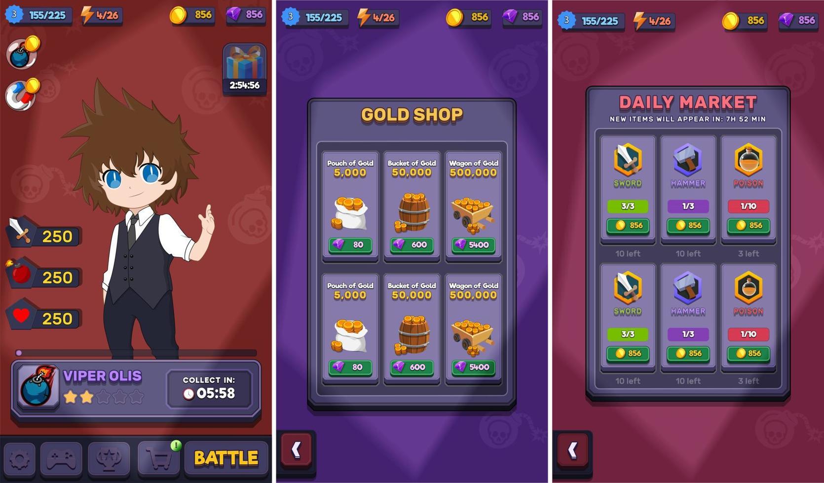 Action Game Ui Kit will Menus, pop up, screens and Game elements vector
