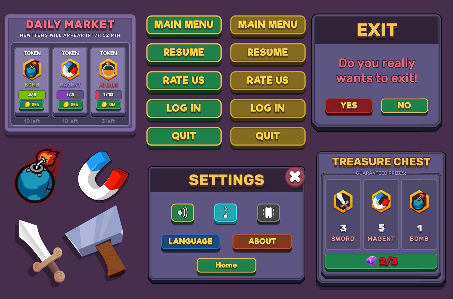 El kit de interfaz de usuario del juego de acción incluirá menús, ventanas emergentes, pantallas y elementos del juego. vector