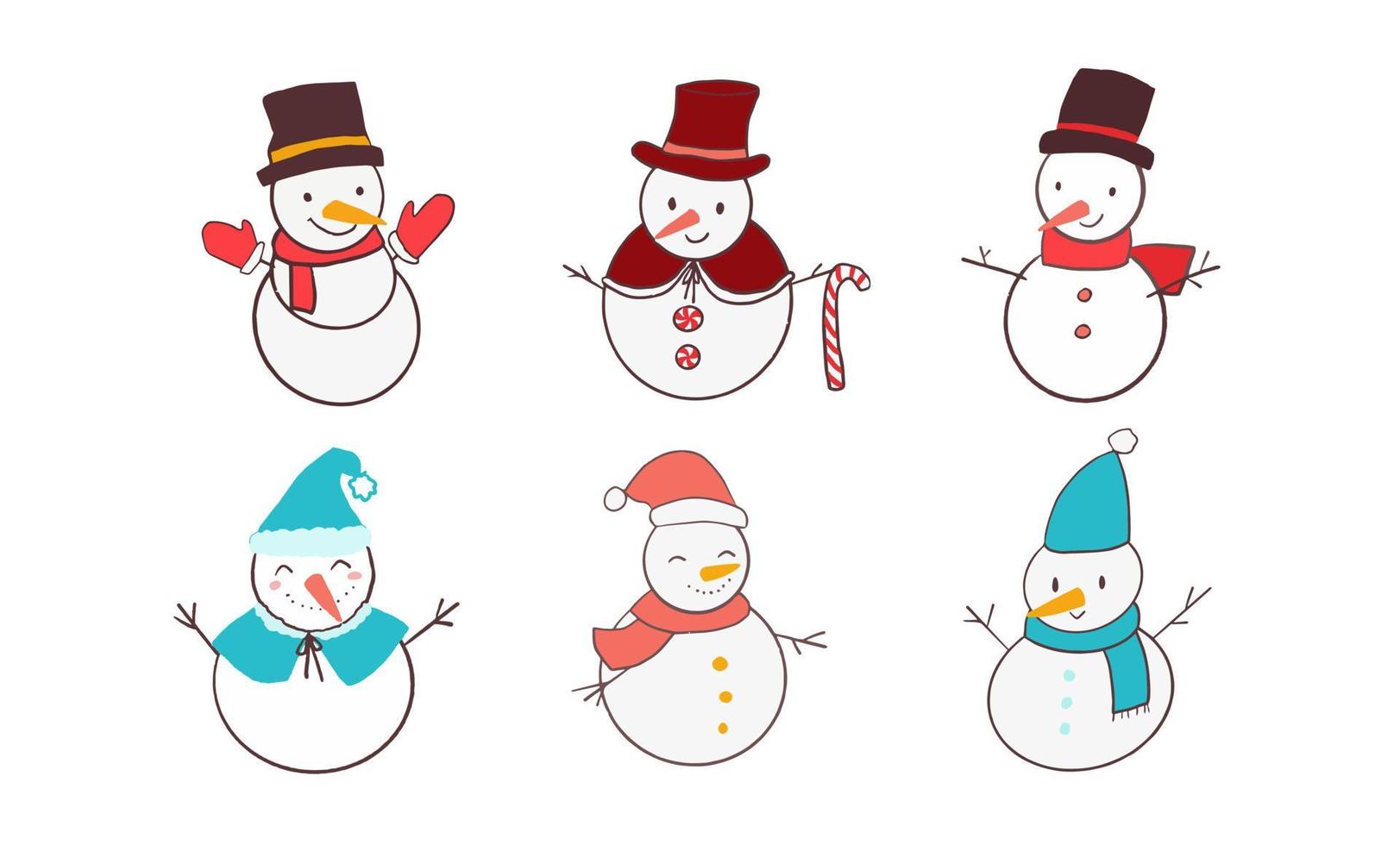 conjunto de muñecos de nieve sonrientes lindos dibujados a mano aislados. vector