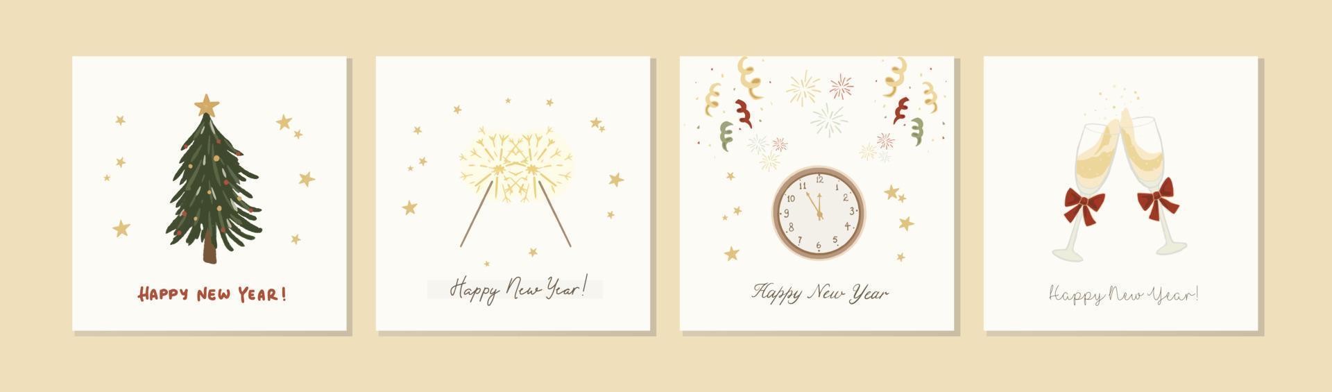 Set of cute hand-drawn square Happy New Year greeting card template designs. Cozy New Year celebration elements with lettering. Cute children drawing style gold postcard. vector