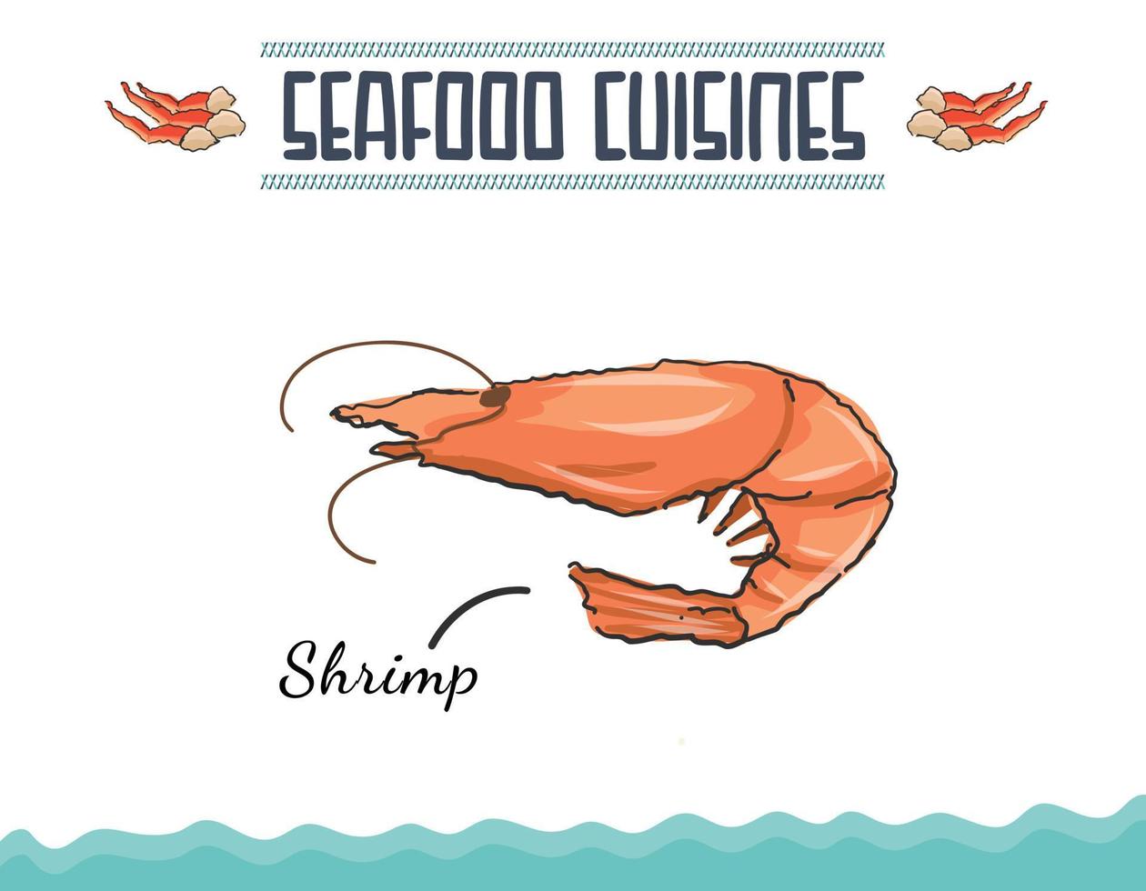 Ilustración de vector de camarones de mariscos. Boceto dibujado a mano de camarones para proyectos de diseño gráfico.