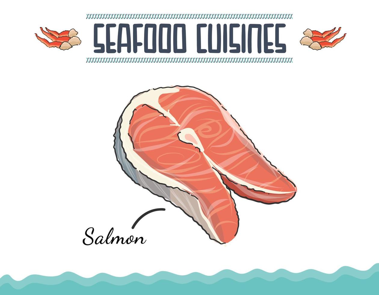 Slices of Raw Salmon Fillet Isolated. Set of illustration of salmon meat cuts in engraving style. Design element for poster, restaurant menu. Minimal colored isolated vector illustration.