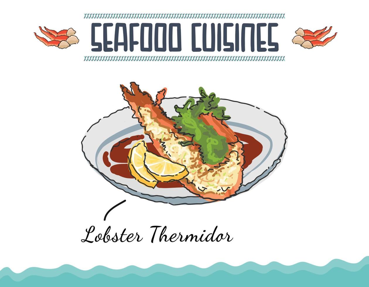 Doodle of Canadian Maine lobster thermidor, Lobster thermidor served with glazed potato and asparagus in a platter. Minimal colored isolated vector illustration.