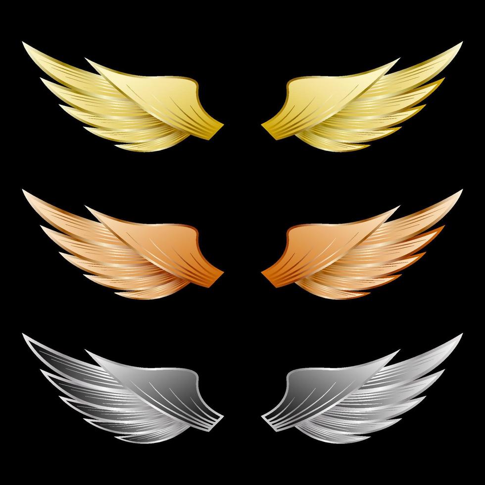 Set of metallic wings gold bronze silver vector