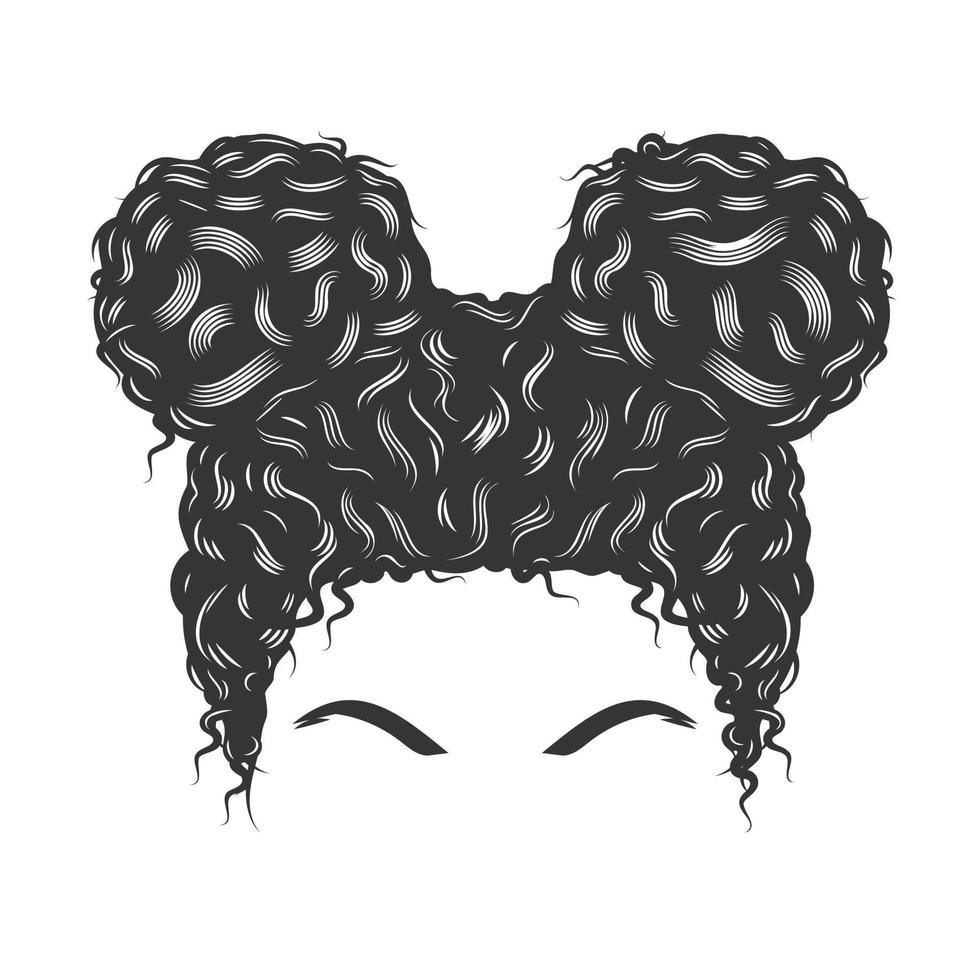 Daughter face with Afro Messy Bun vintage hairstyles vector line art illustration.