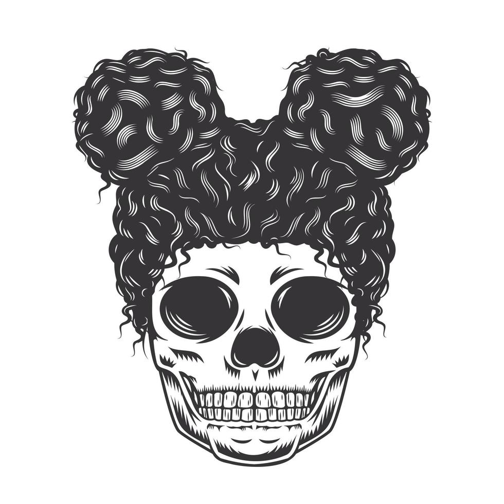 Cara de calavera de hija con afro bollo desordenado peinados vintage ilustración de arte de línea vectorial. vector