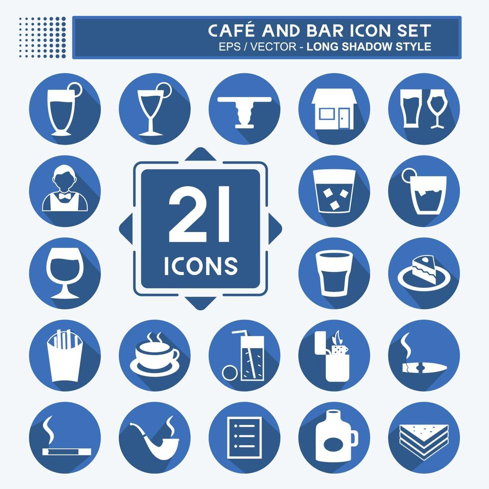 Cafe and Bar Icon Set Icon in trendy long shadow style isolated on soft blue background vector