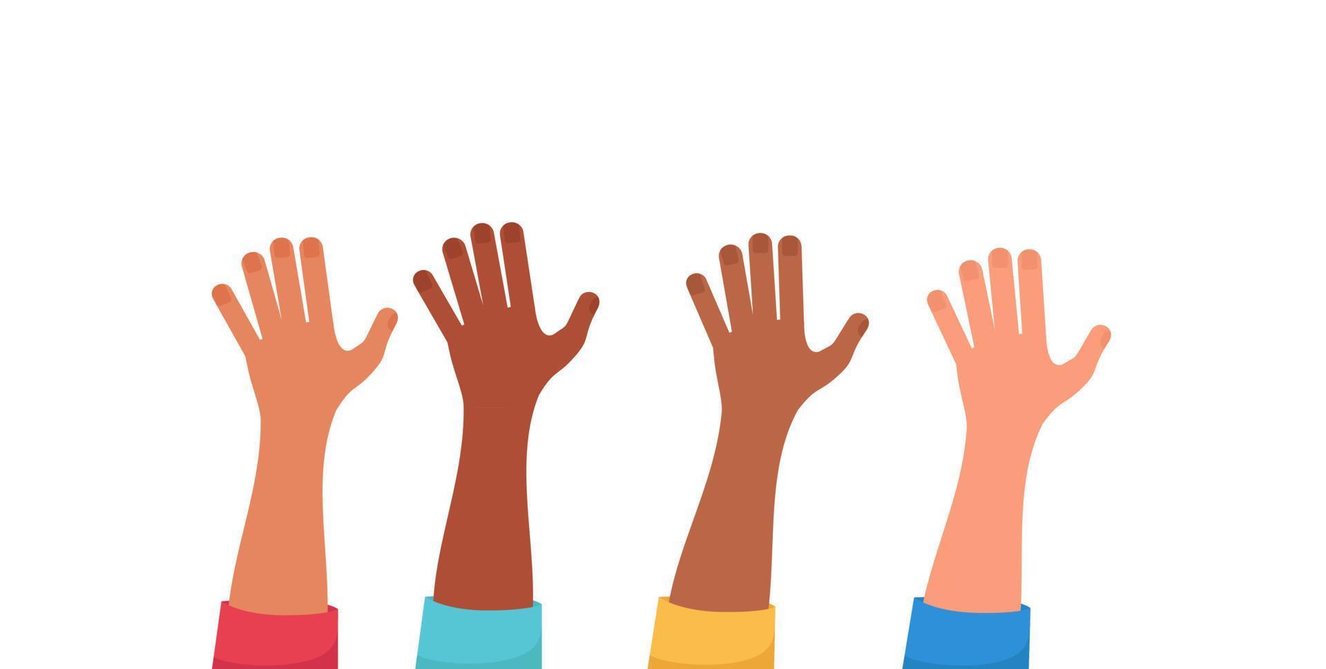 Different ethnic hands raised up isolated on White Background. Vector Illustration.