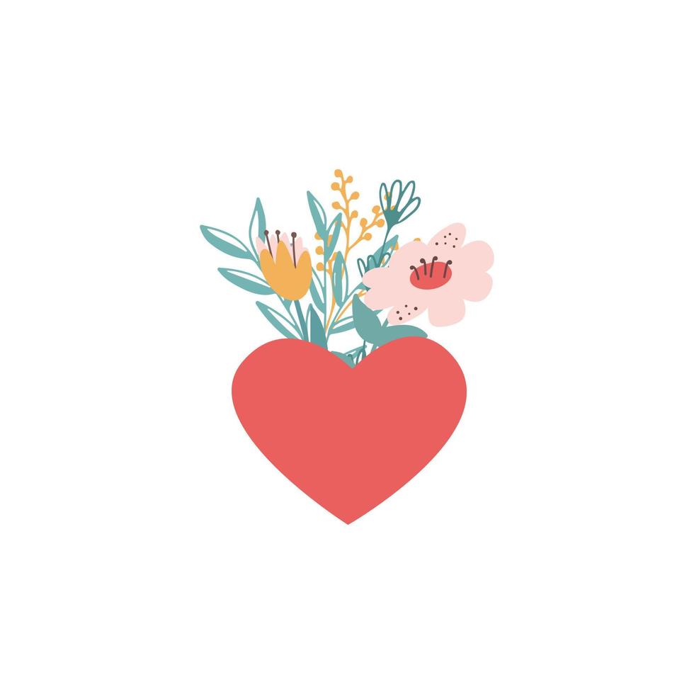 corazón festivo con ramo de flores. ramo de estilo plano para tarjetas de felicitación. Ilustración de vector de San Valentín.