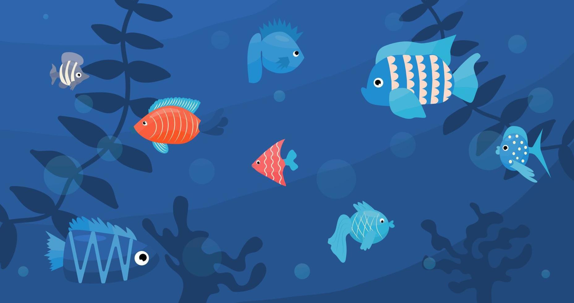 Underwater world. Vector illustration with coral reef, school of fish. Underwater marine life. Panoramic seascape.