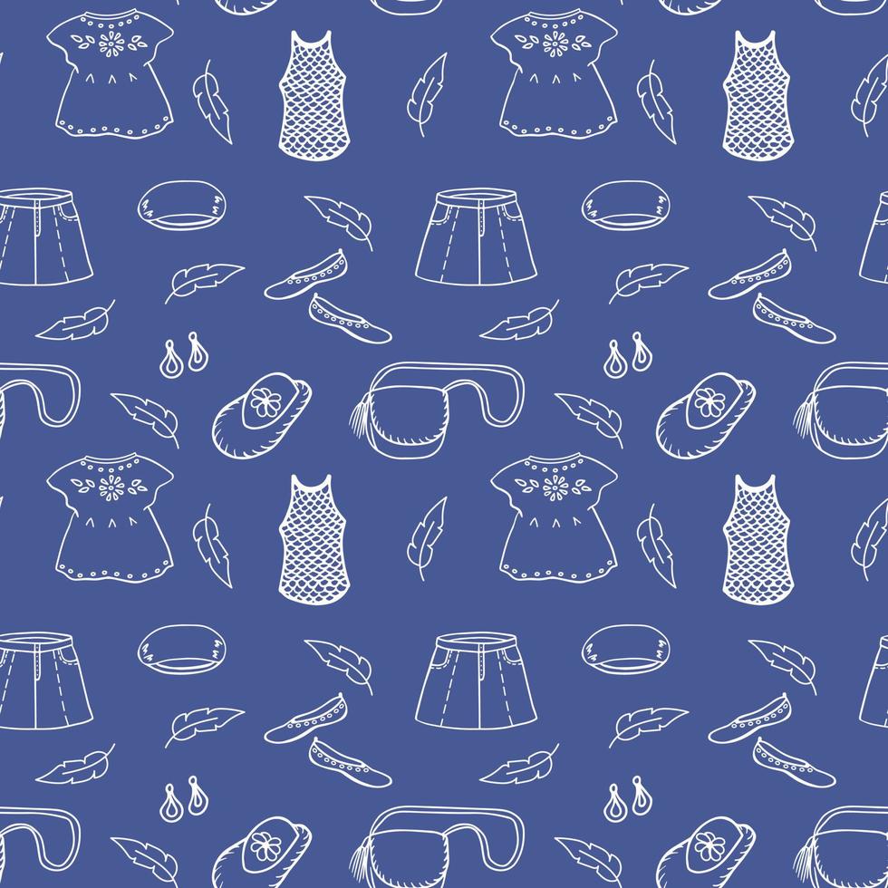 Boho style outfits and accessories seamless pattern. Isolated on blue vector illustration.