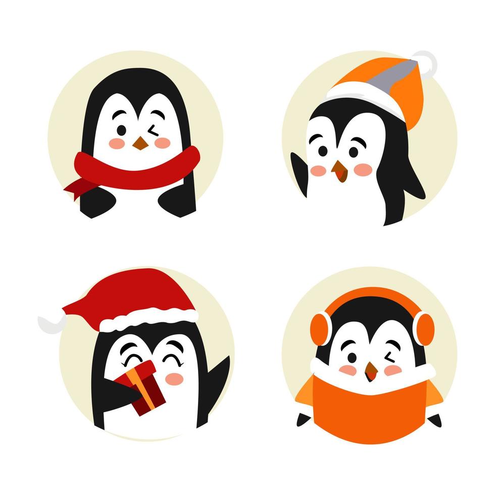 Ilustración de vector de dibujos animados de pingüinos. conjunto de personajes de pingüino de navidad