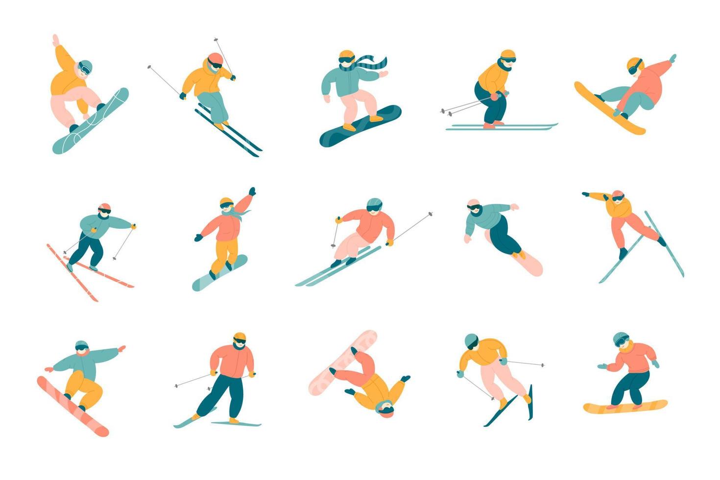 Active people snowboarding and skiing set vector