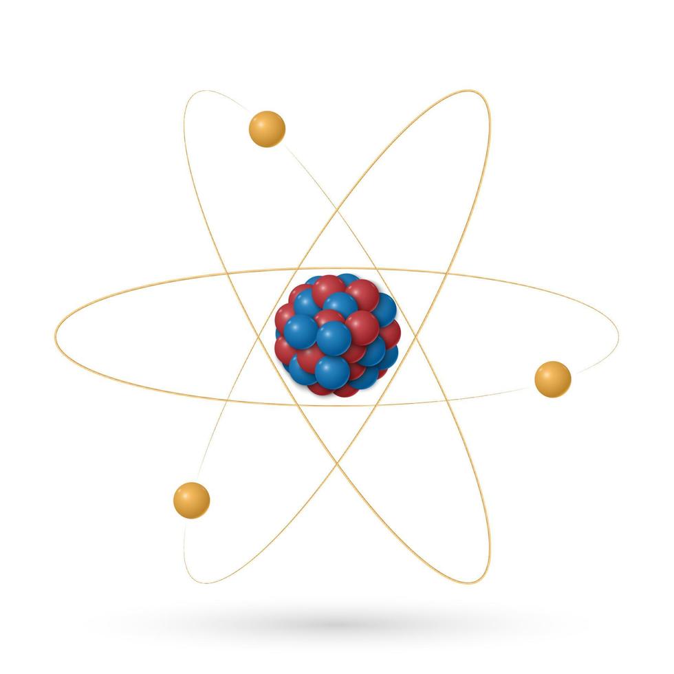 Estructura del átomo, protones, neutrones y electrones que orbitan el núcleo aislado sobre fondo blanco, ilustración vectorial vector