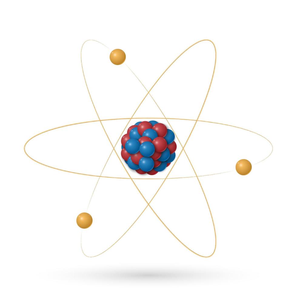 Atom structure, protons, neutrons and electrons orbiting the nucleus isolated on white background, vector illustratoin