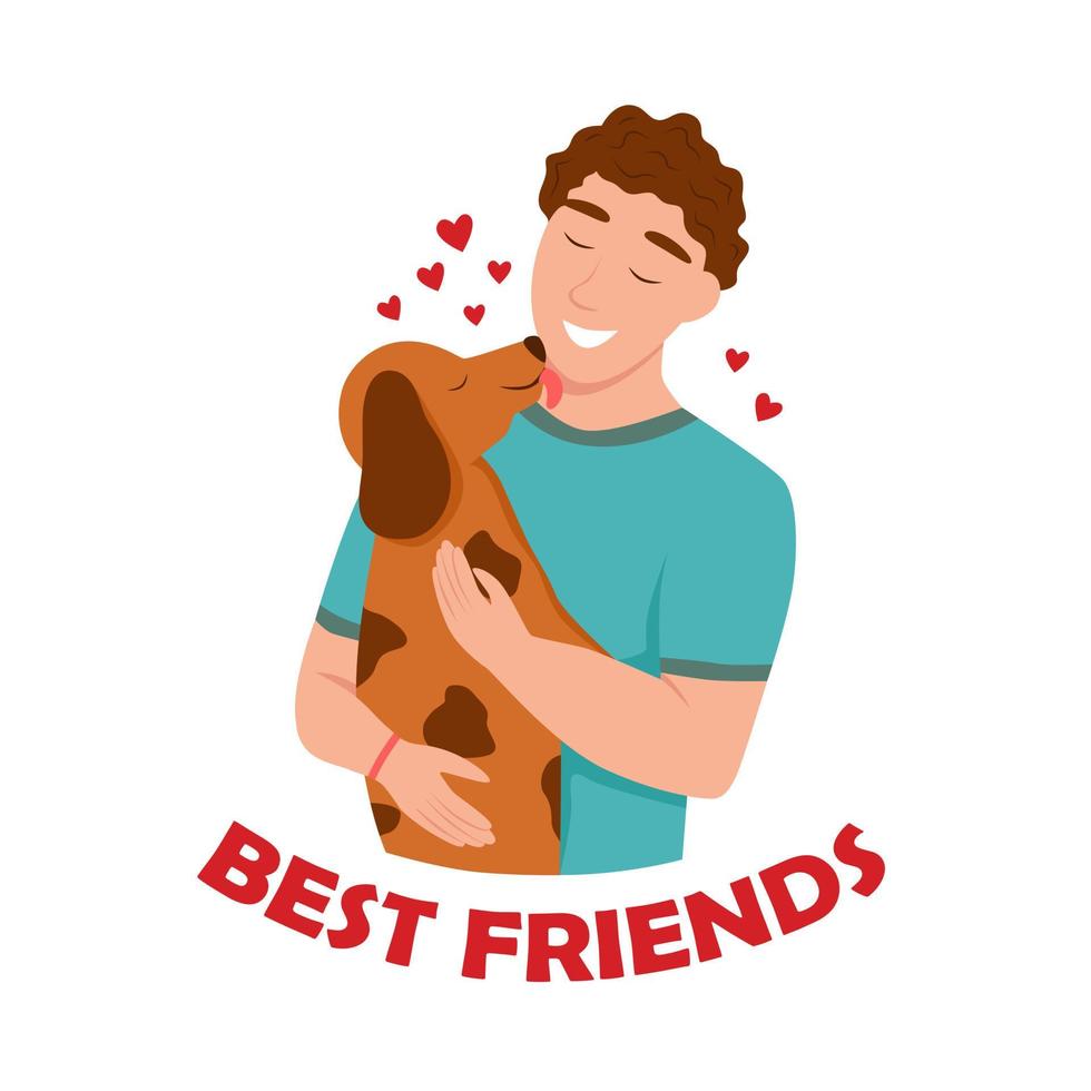 A young man with a dog. Pet owner. Lettering best friends. Flat vector illustration