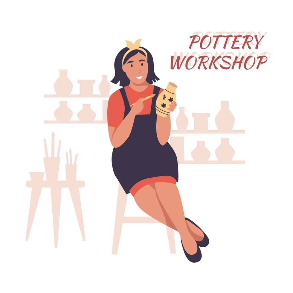 una joven pinta un jarrón en un taller de alfarería. artesanía, afición, clase magistral. ilustración vectorial plana vector