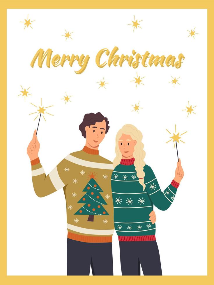 A Merry Christmas greeting card. A couple in ugly sweaters are holding sparklers in their hands. Flat vector illustration