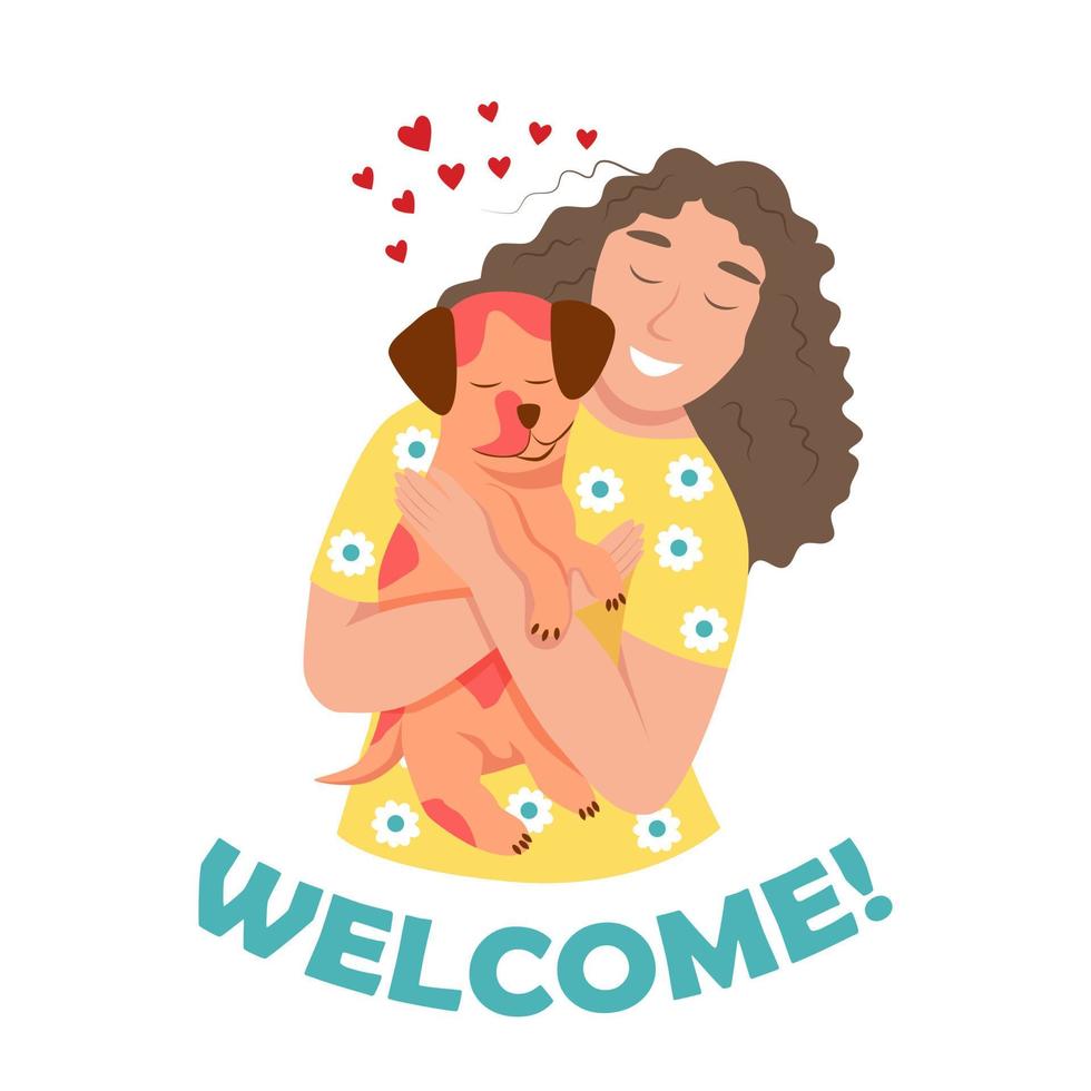 una mujer joven con un perro. dueño de una mascota. letras de bienvenida. ilustración vectorial plana vector