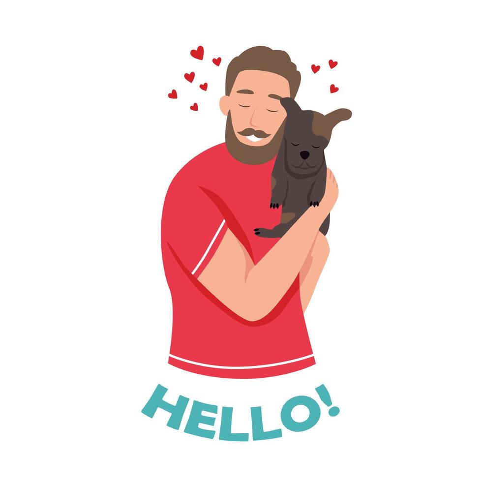 A young man with a dog. Pet owner. Lettering hello. Flat vector illustration