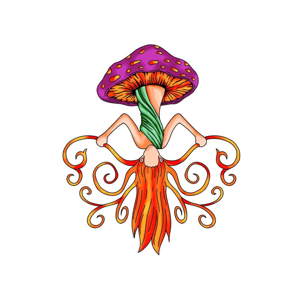 purple mushroom illustration with beautiful jellyfish woman hand drawn vector