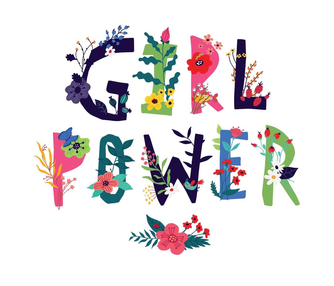 inscripción girl power, rodeada de flores. vector. ilustración en estilo de dibujos animados. lema motivacional como imagen de la naturaleza. pancarta, invitación a huelga de ecologistas. 8 de marzo. vector