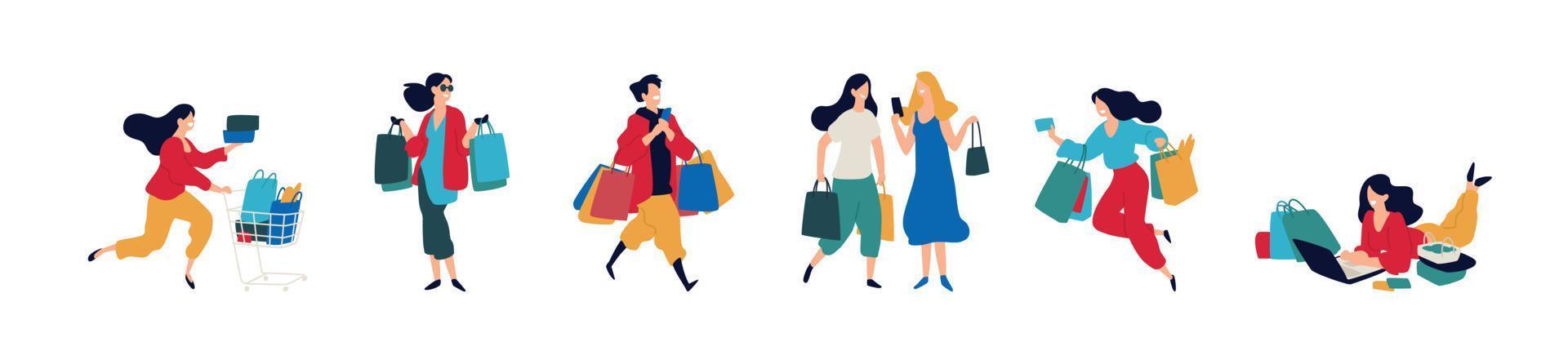 Ilustración de personas con compras. vector. hombres y mujeres que compraban bienes. descuentos y ventas en redes minoristas. estilo de dibujos animados plana. viernes negro. compras en internet. orden y entrega. vector