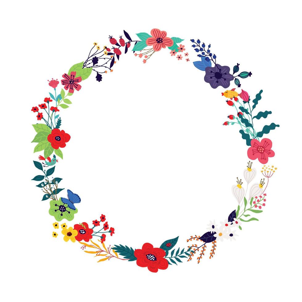 Illustration of a wreath of flowers and buds on a white background. Vector. Picture for banner, greeting card. March 8, women's day. Cartoon style. The image of summer and spring. Round frame. vector