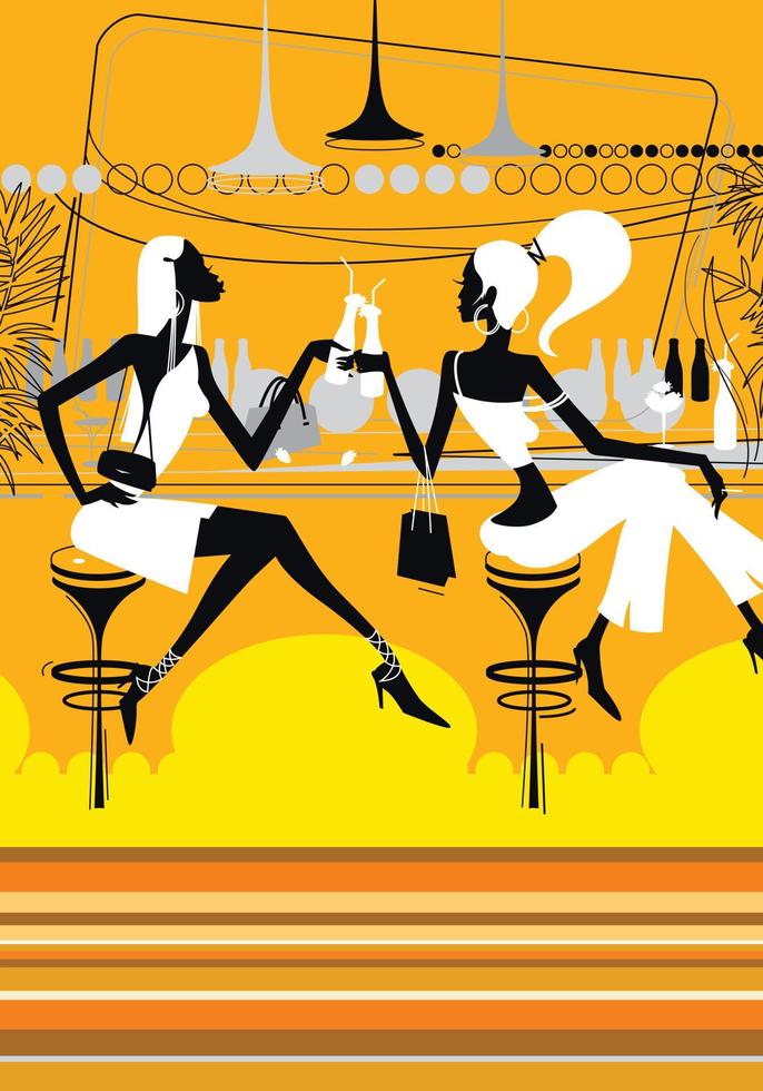 Two beautiful girls drink cocktails in a nightclub. Glamorous young women are sitting in a bar. Illustration for background. Image for printing, banner or website. Vector background.