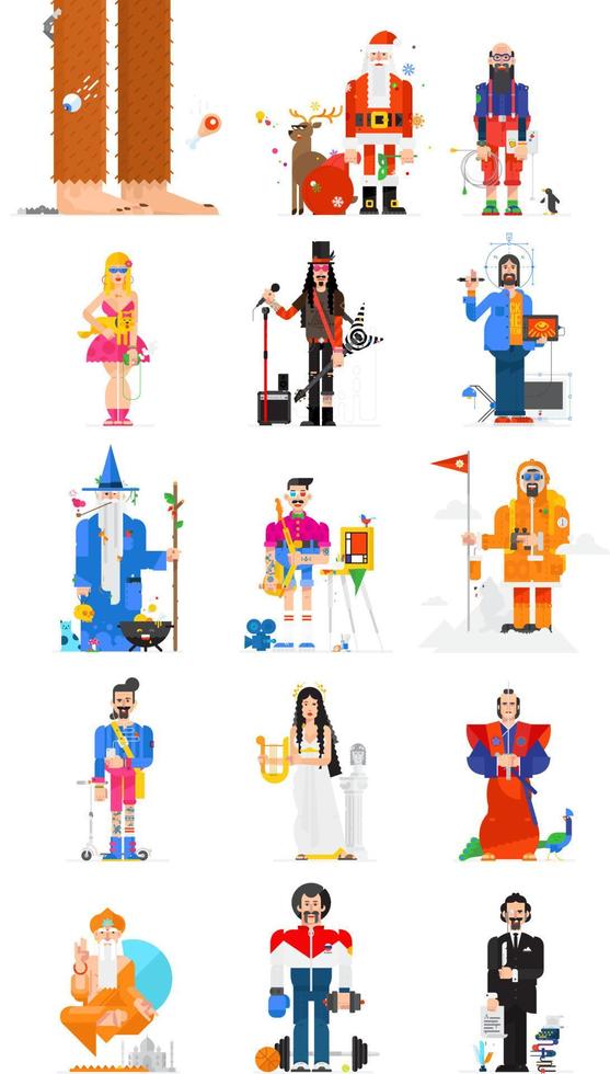 15 Thematic Characters Vector illustrations. Fashionable character design in a flat style. Vector illustration. Heroes on a white background. A set of people of different professions.