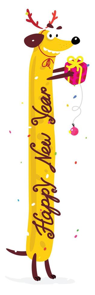 bonito perro amarillo. año nuevo chino y navidad. ilustración vectorial, aislado sobre fondo blanco. para la impresión y la web. el perro salchicha largo es como queso y salchicha. vector