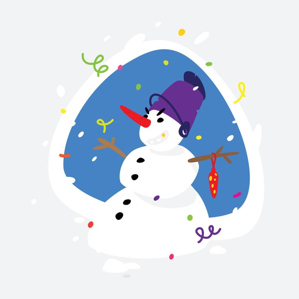 ilustración vectorial de un muñeco de nieve. la imagen de la etiqueta está aislada del fondo. listo para imprimir, credencial, sitio web, banner y mensajeros. muñeco de nieve de palo emoji. personaje de cuento de hadas de invierno. vector