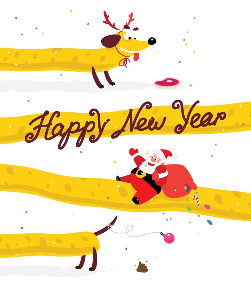 Lovely Santa Claus on a yellow dog. Chinese New Year and Christmas. Vector illustration isolated on white background. Suitable for printing and the web. Long dachshund.